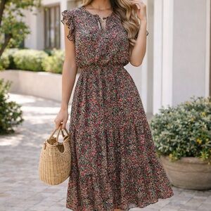 BB Dakota by Steve Madden Black and Red Floral Midi Dress